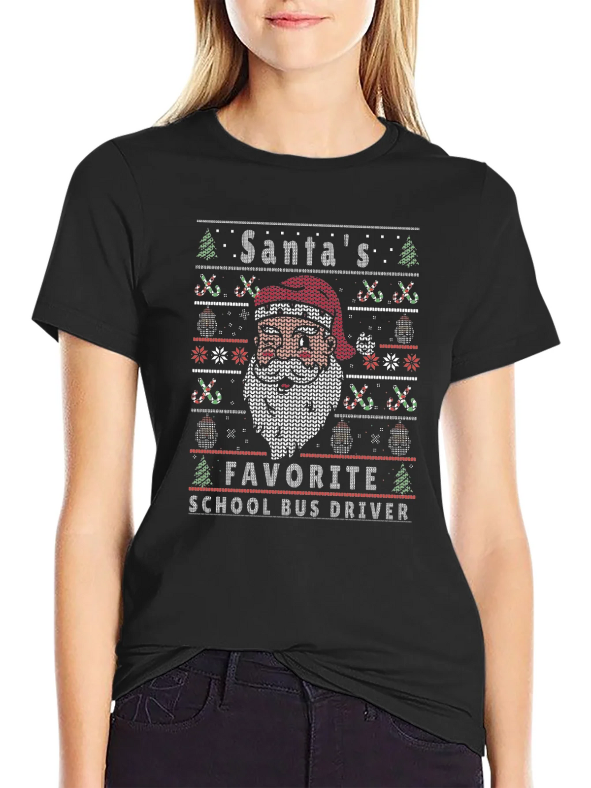 Santas Favorite School Bus Driver Ugly Christmas T-Shirt product image 2