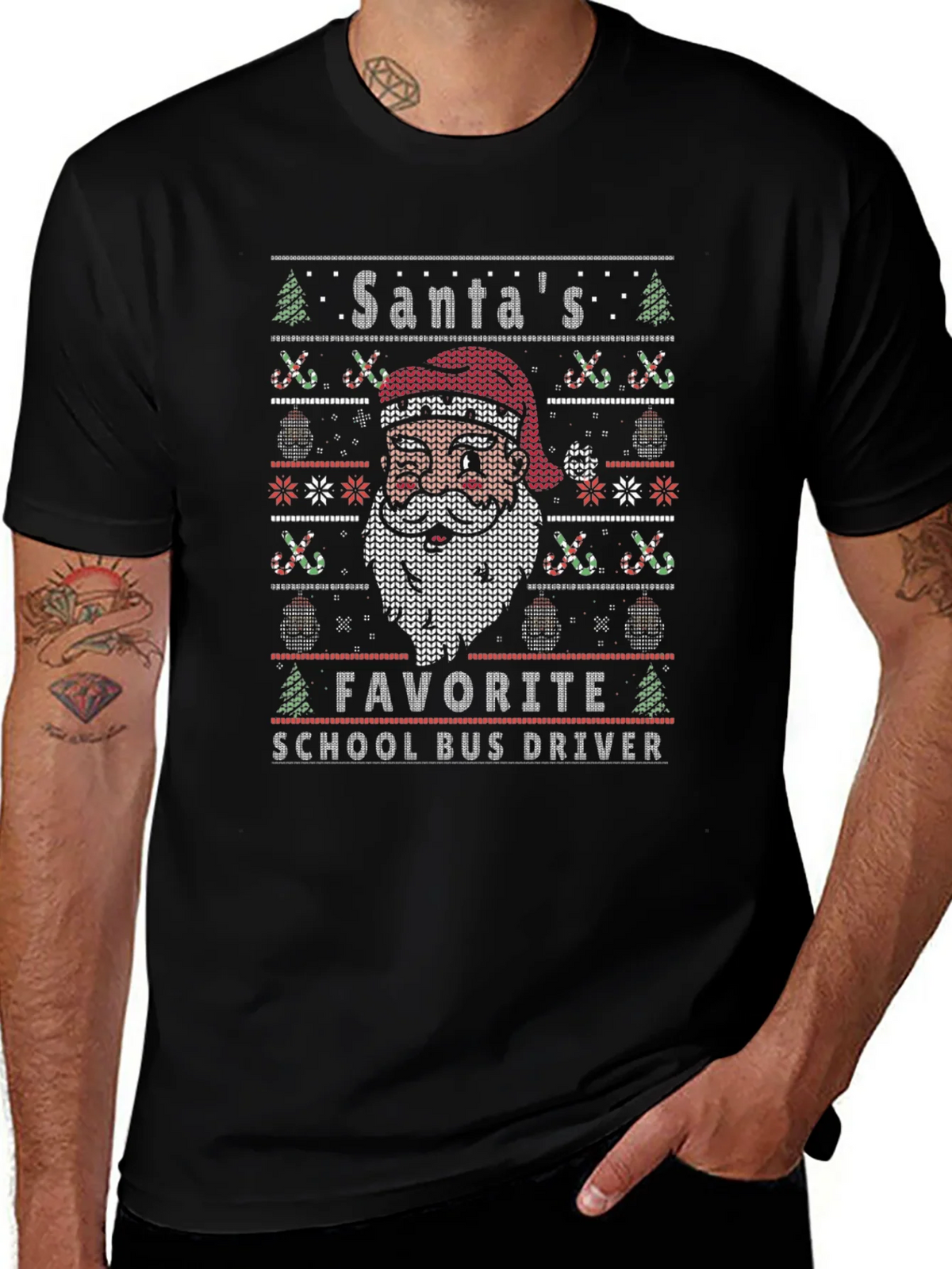 Santas Favorite School Bus Driver Ugly Christmas T-Shirt product image 1