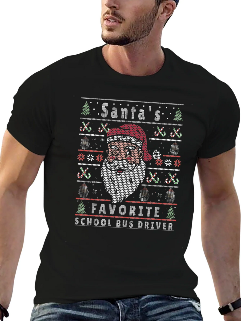 Santas Favorite School Bus Driver Ugly Christmas T-Shirt product image 5