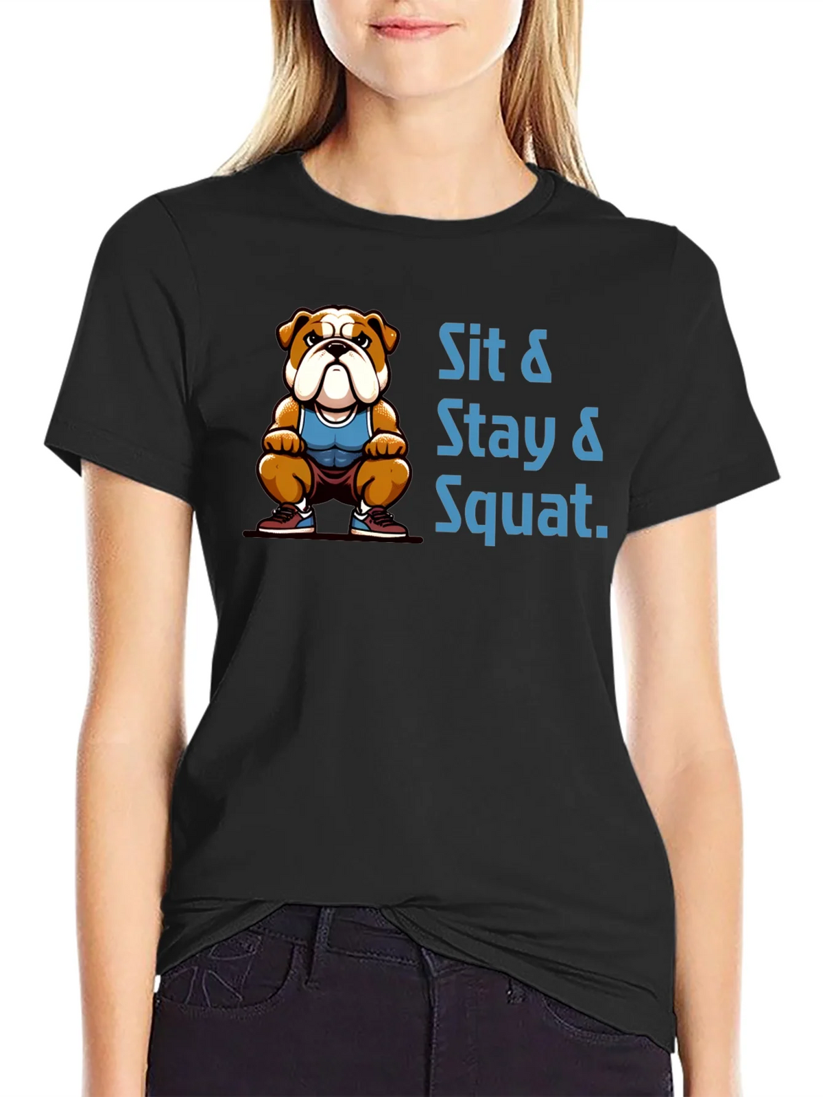 Sit Stay Squat Bulldog Black T-Shirt product image 1