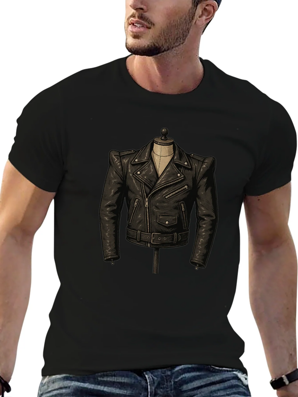 Black T-Shirt with Leather Jacket Design product image 6
