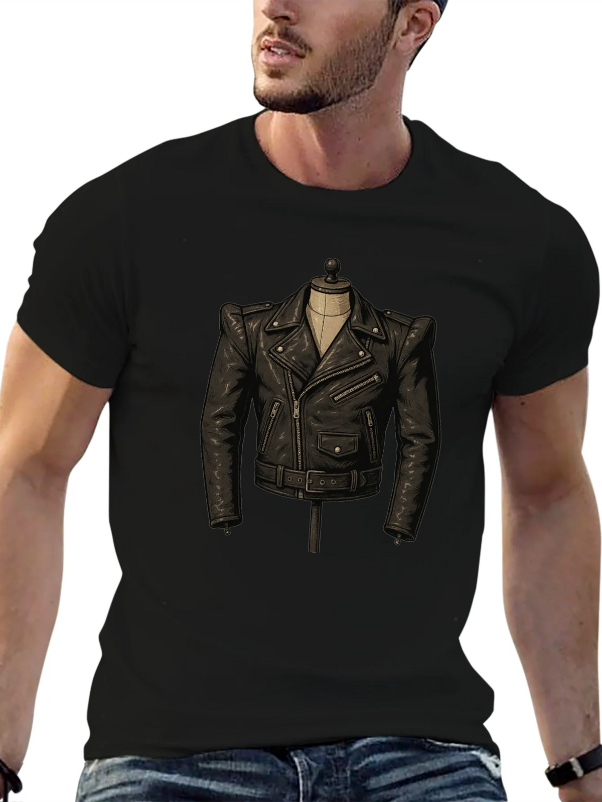 Black T-Shirt with Leather Jacket Design product image 6