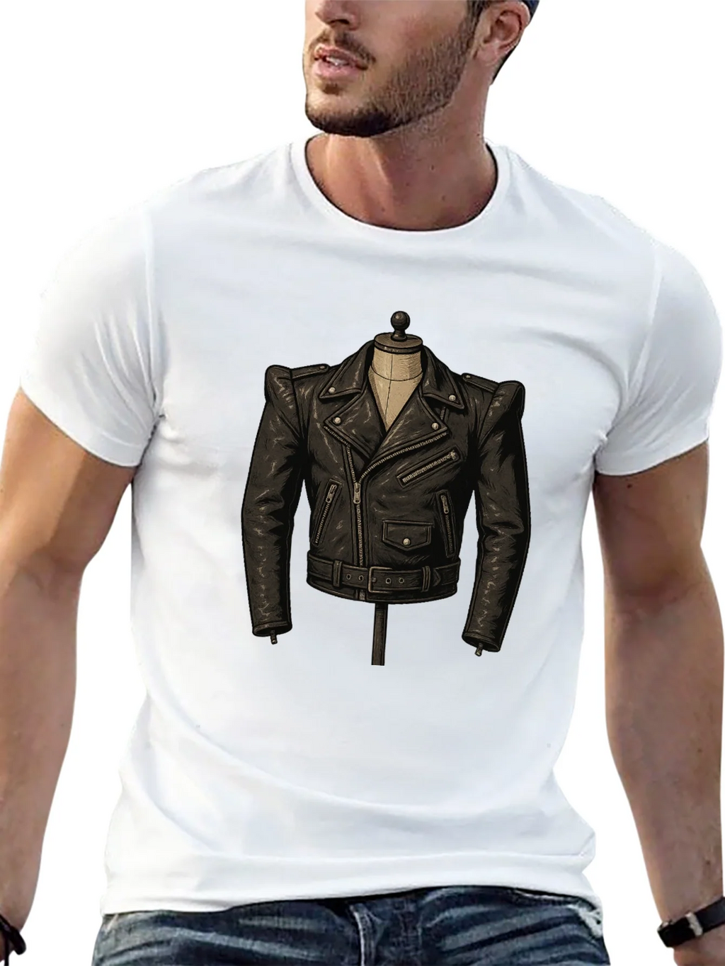 Black T-Shirt with Leather Jacket Design product image 12