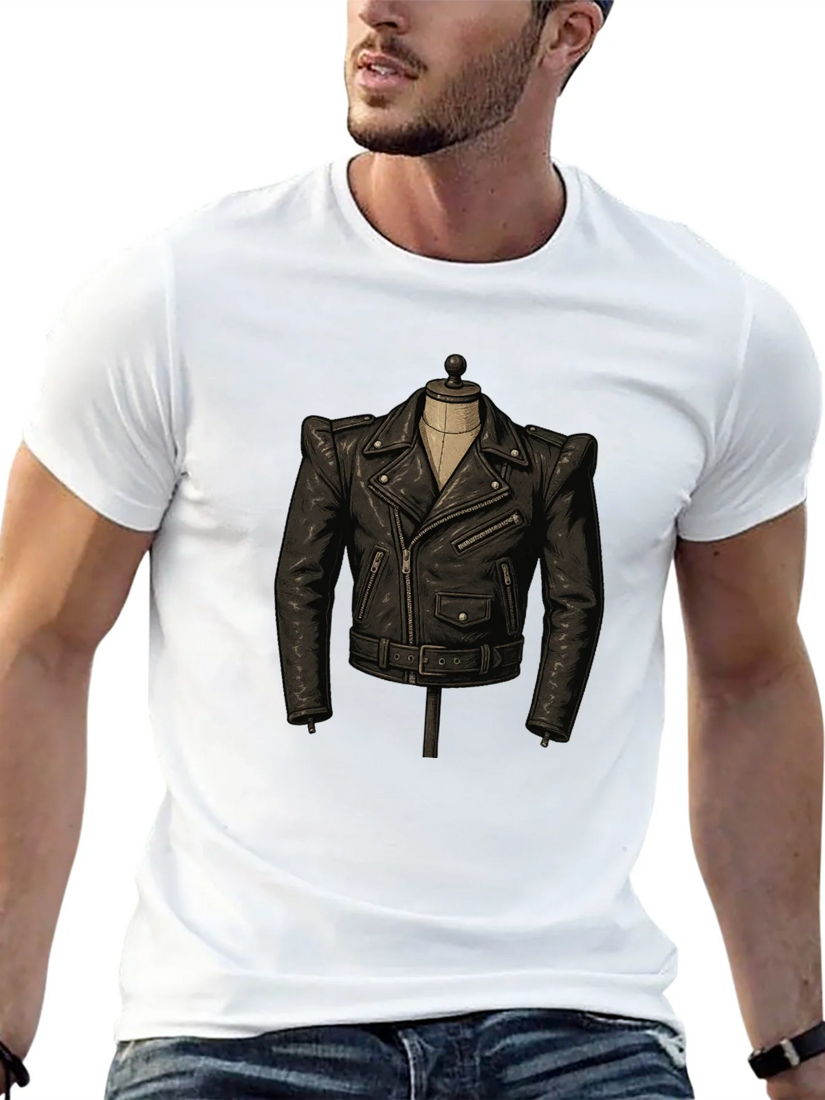 Black T-Shirt with Leather Jacket Design product image 12