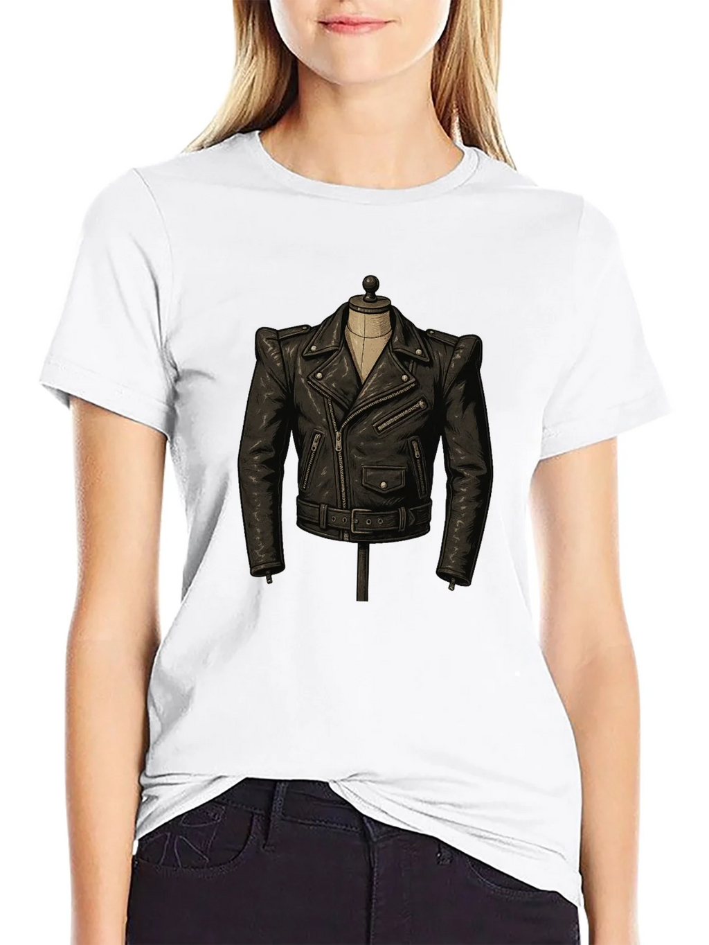 Black T-Shirt with Leather Jacket Design product image 8