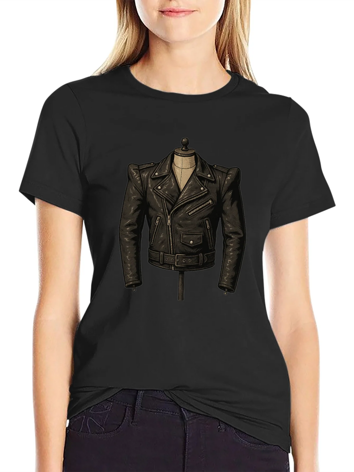Black T-Shirt with Leather Jacket Design product image 2