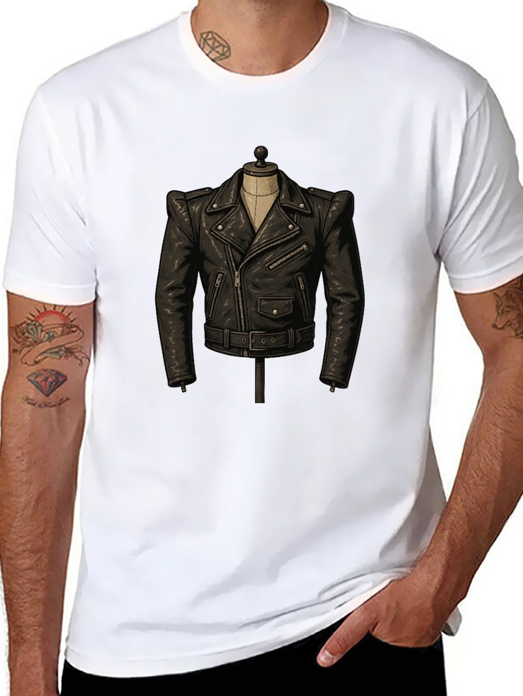 Black T-Shirt with Leather Jacket Design product image 7