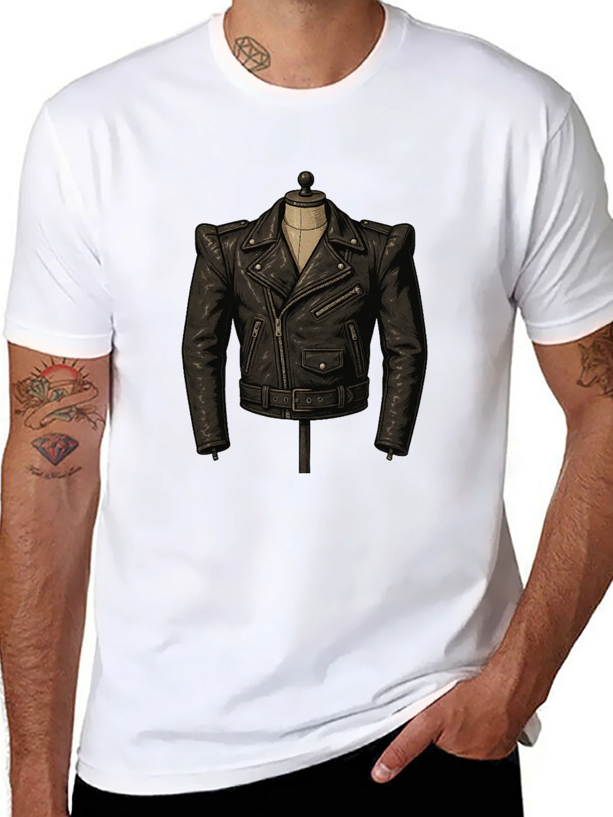 Black T-Shirt with Leather Jacket Design product image 7