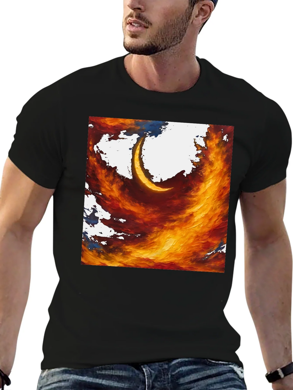 Fiery Crescent Graphic T-Shirt - Bold Artistic Design product image 6
