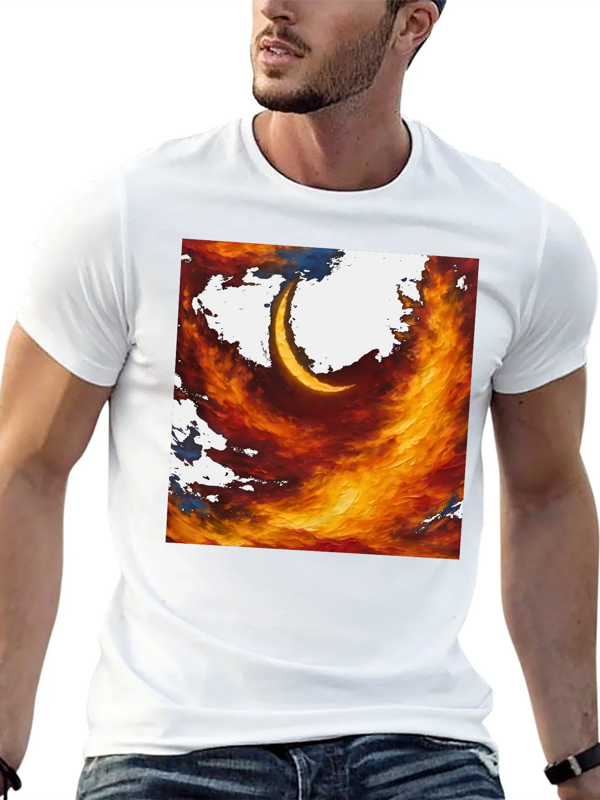 Fiery Crescent Graphic T-Shirt - Bold Artistic Design product image 11