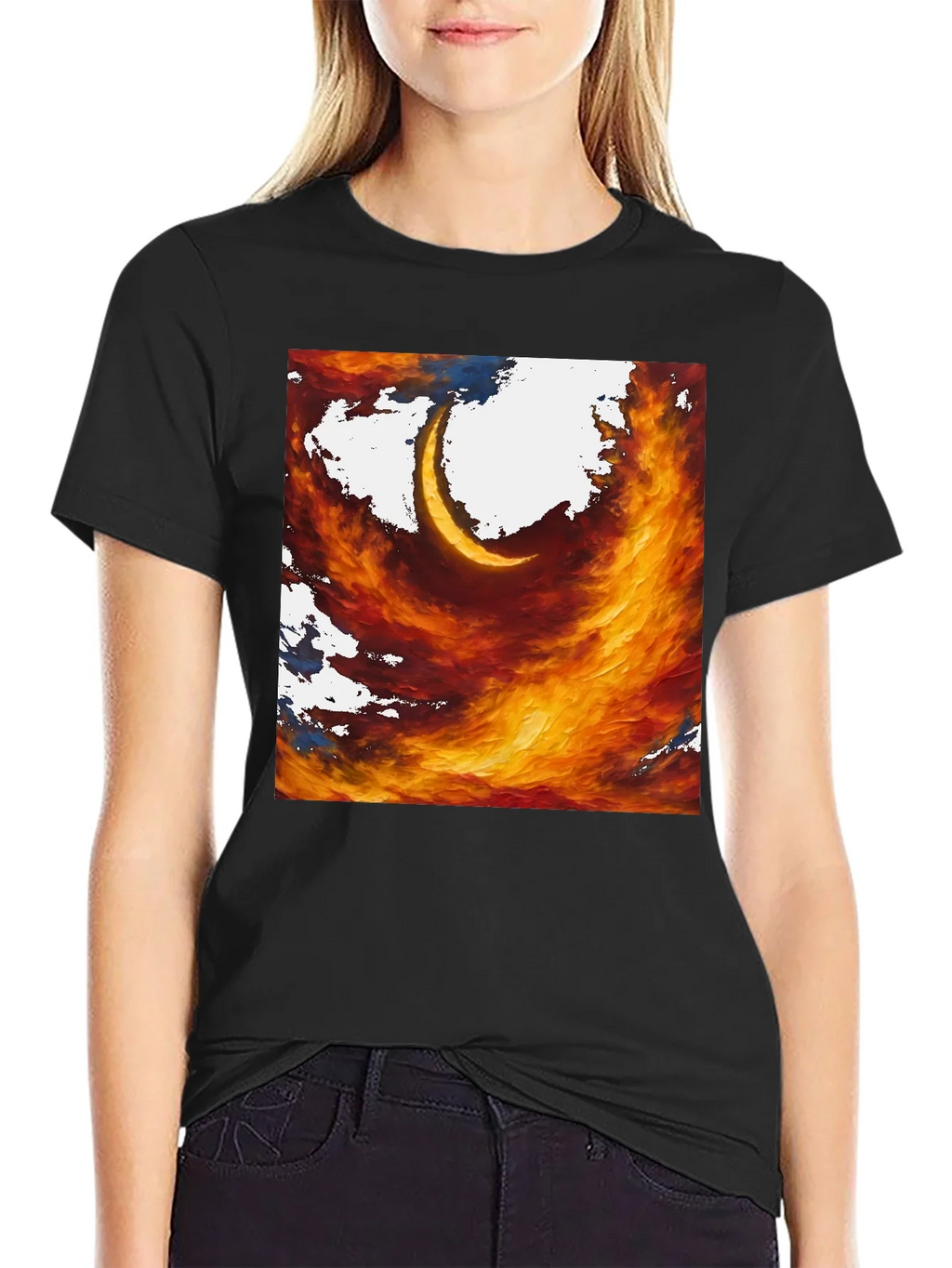 Fiery Crescent Graphic T-Shirt - Bold Artistic Design product image 2