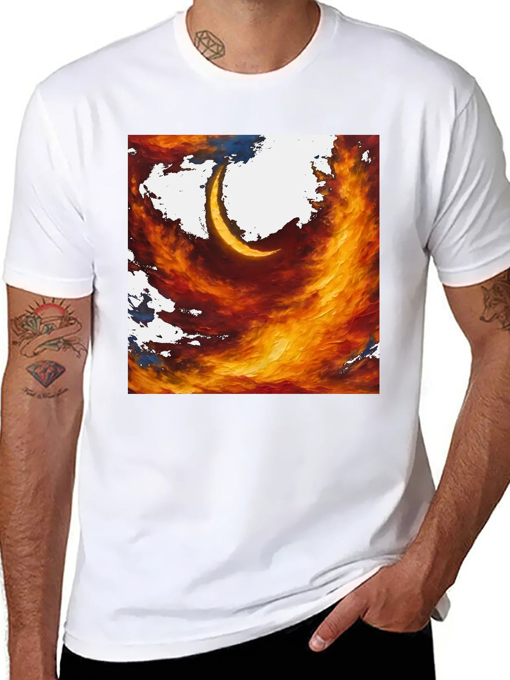Fiery Crescent Graphic T-Shirt - Bold Artistic Design product image 7