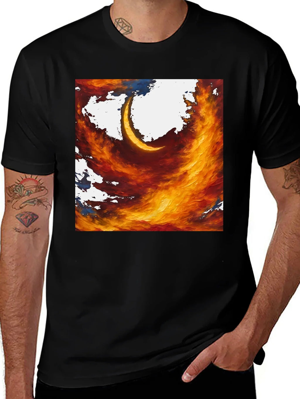 Fiery Crescent Graphic T-Shirt - Bold Artistic Design product image 1