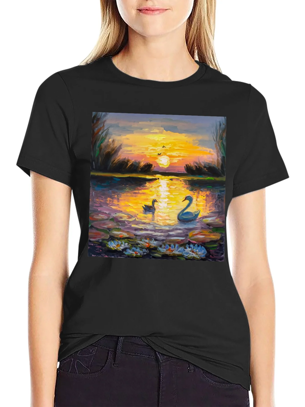 Sunset Swans Graphic Tee - Artistic Impression product image 2