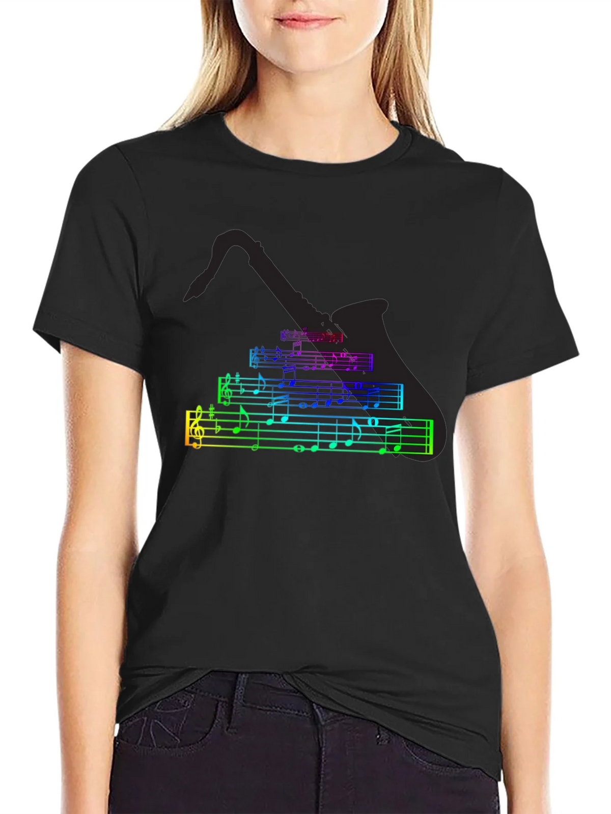 Music Notes Saxophone T-Shirt - Black Cotton Tee product image 2