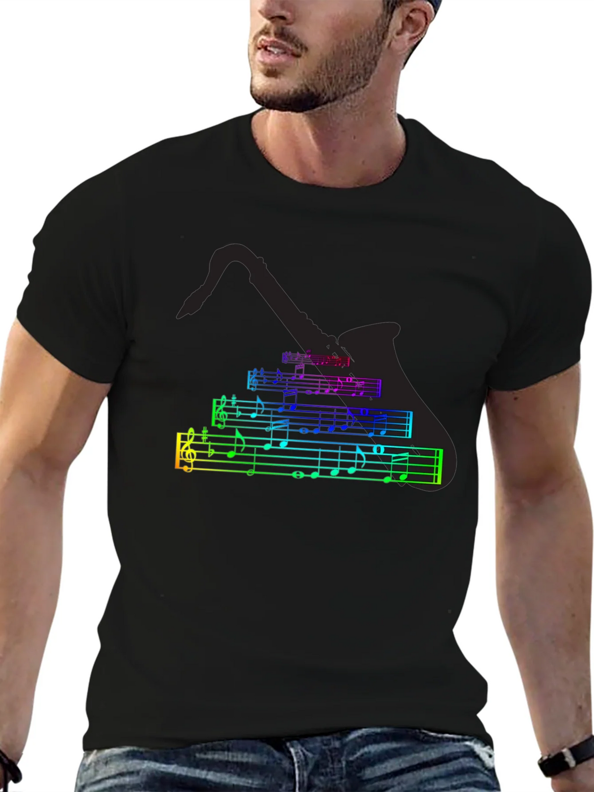 Music Notes Saxophone T-Shirt - Black Cotton Tee product image 5