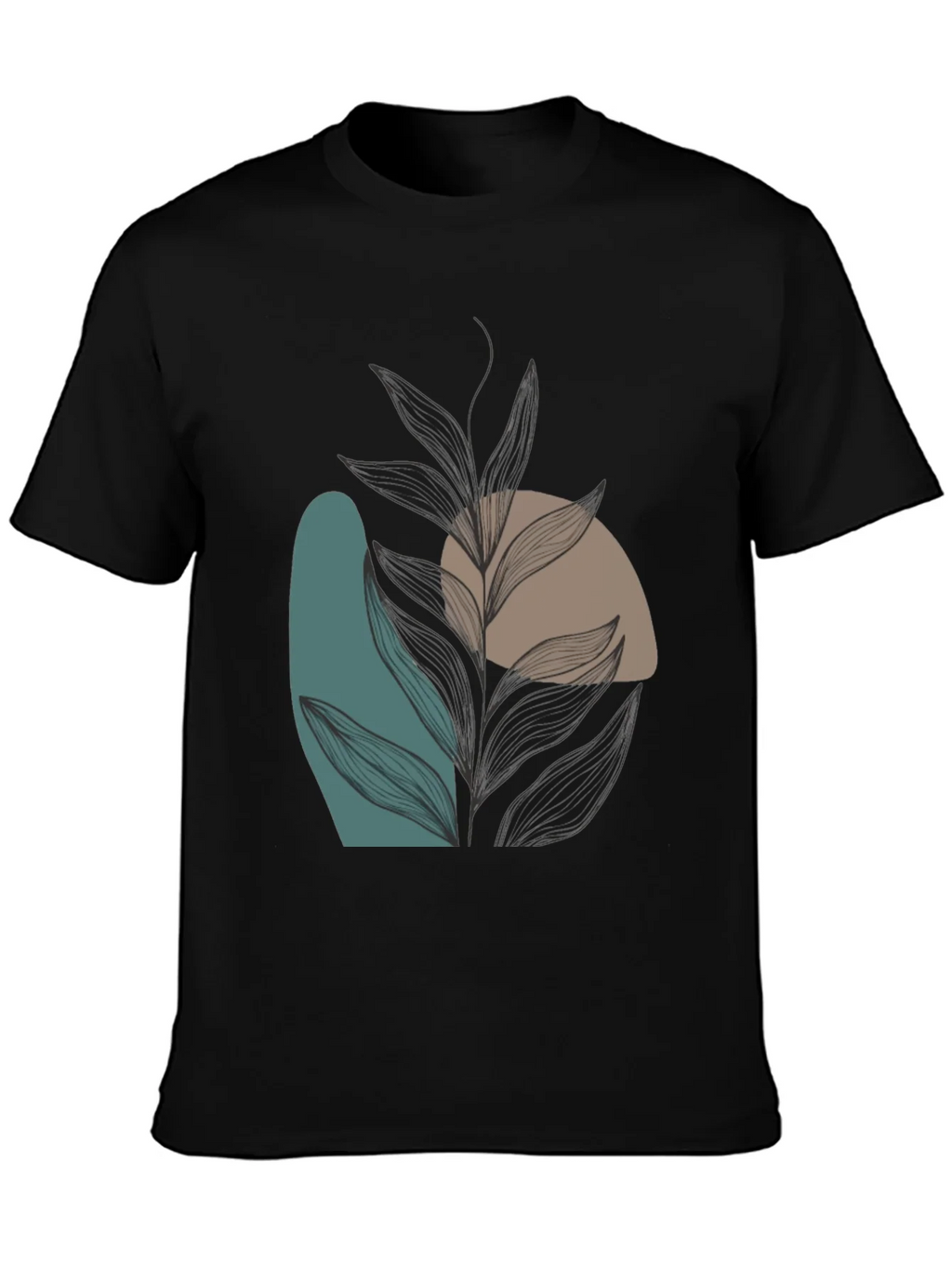 Modern Abstract Leaf Print Black T-Shirt product image 3