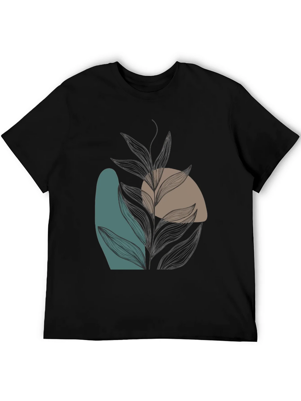 Modern Abstract Leaf Print Black T-Shirt product image 5