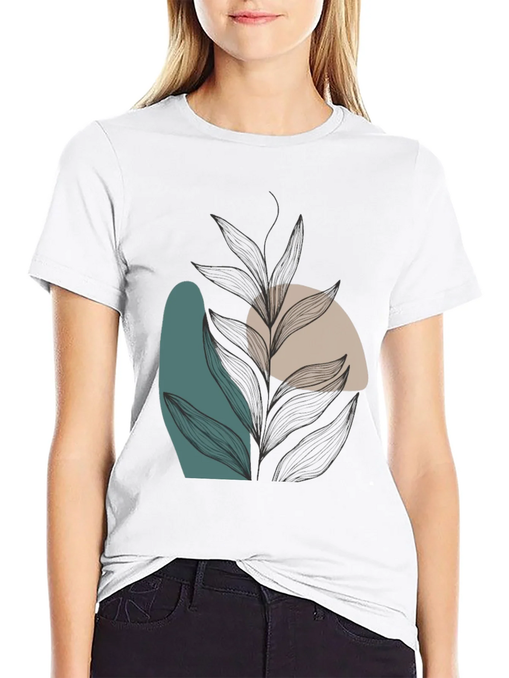 Modern Abstract Leaf Print Black T-Shirt product image 8