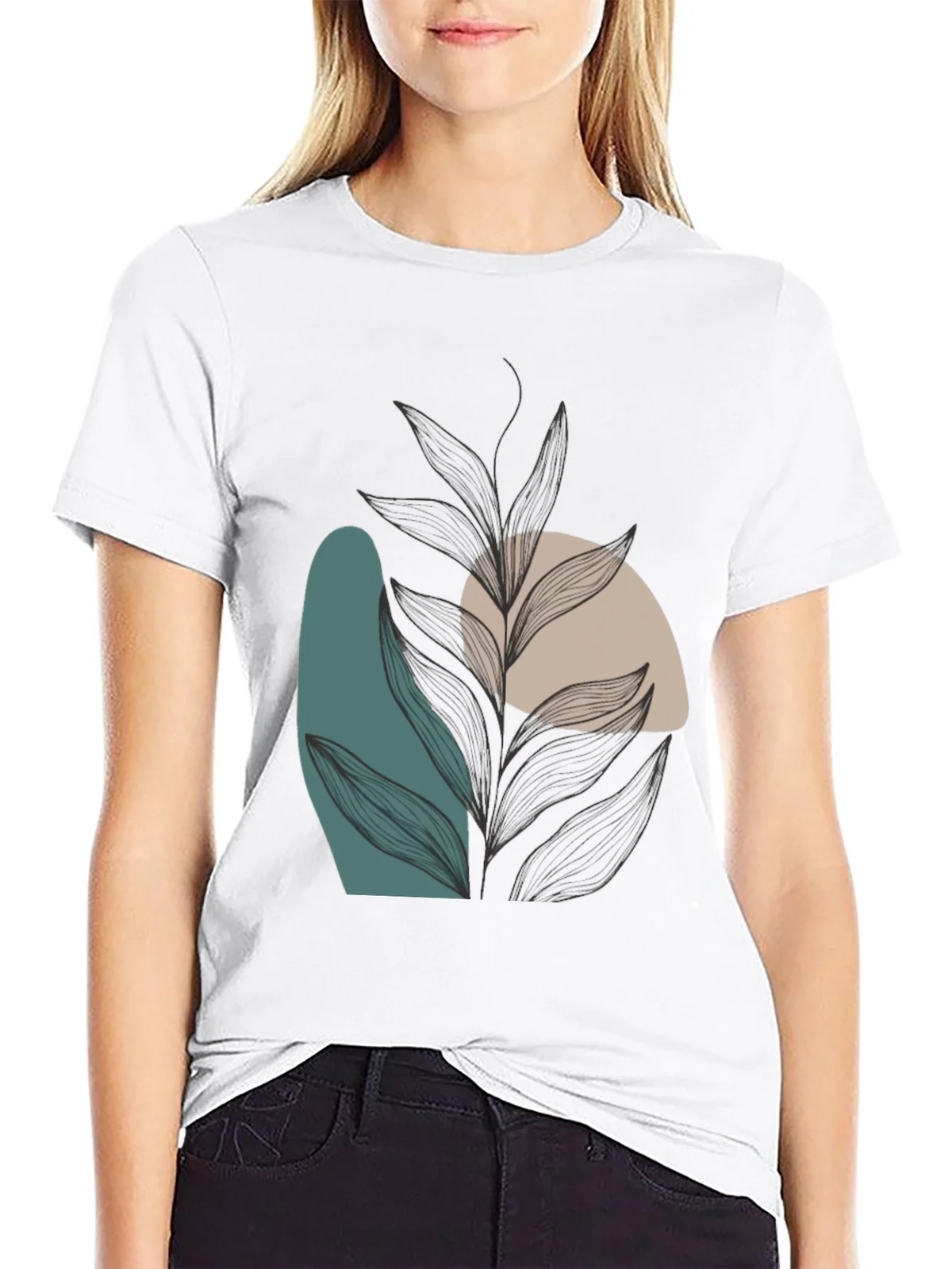 Modern Abstract Leaf Print Black T-Shirt product image 8