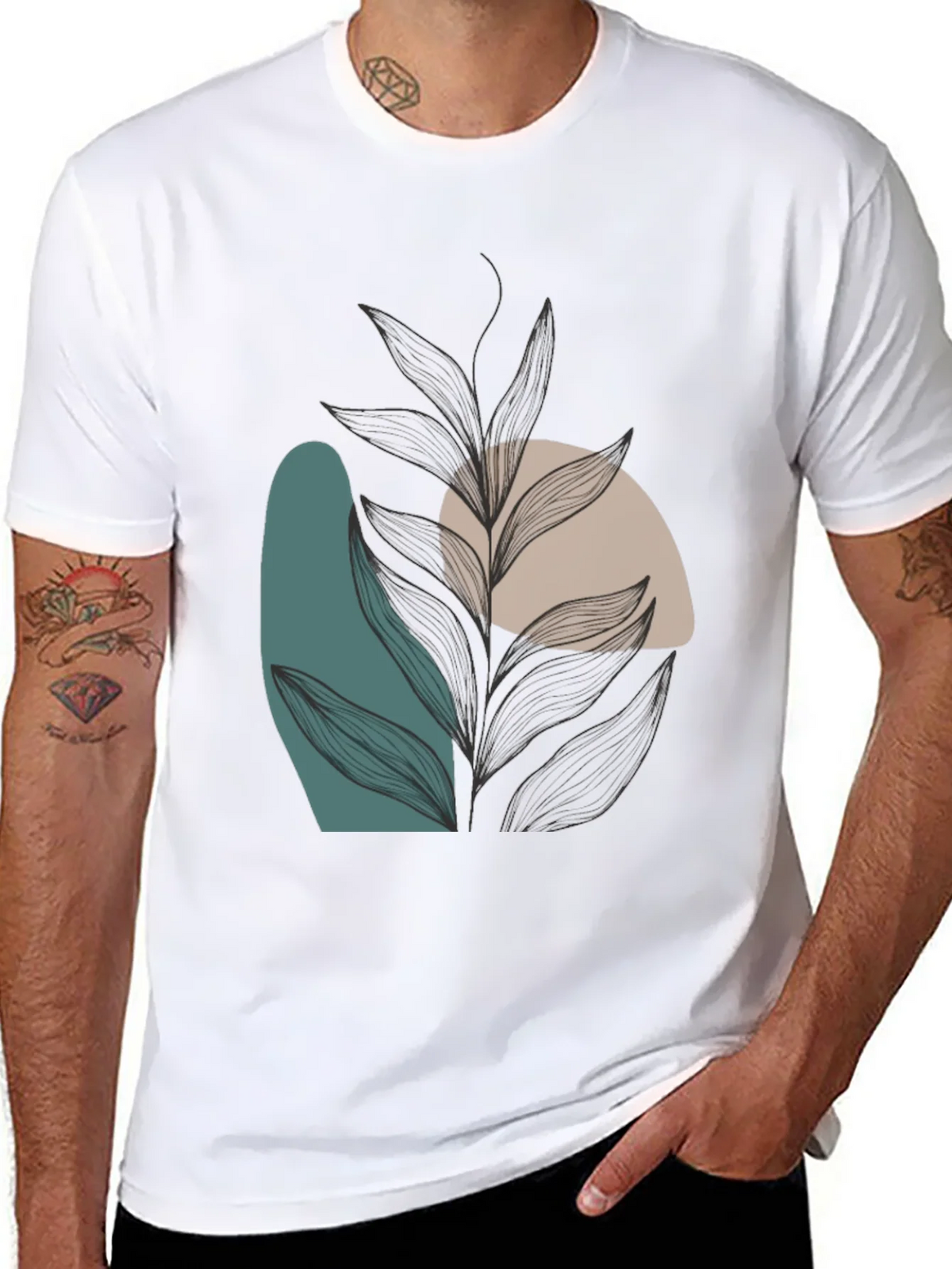 Modern Abstract Leaf Print Black T-Shirt product image 7