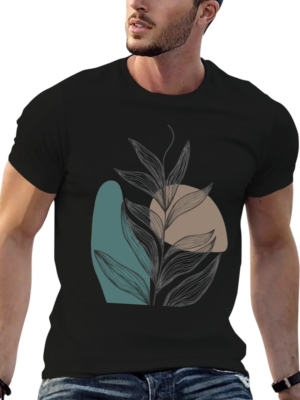 Modern Abstract Leaf Print Black T-Shirt product image 6