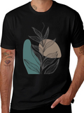 Modern Abstract Leaf Print Black T-Shirt product image 1
