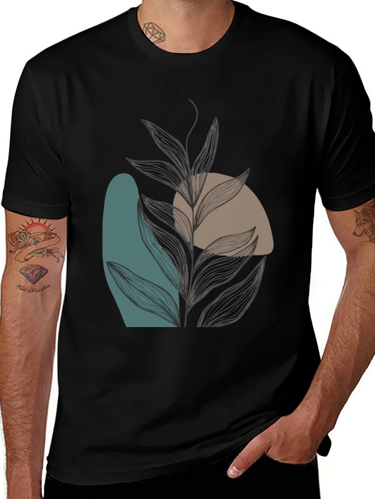 Modern Abstract Leaf Print Black T-Shirt product image 1