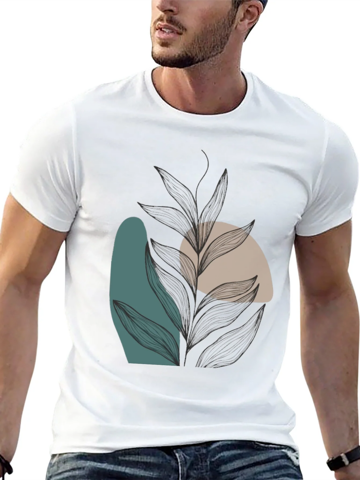 Modern Abstract Leaf Print Black T-Shirt product image 12