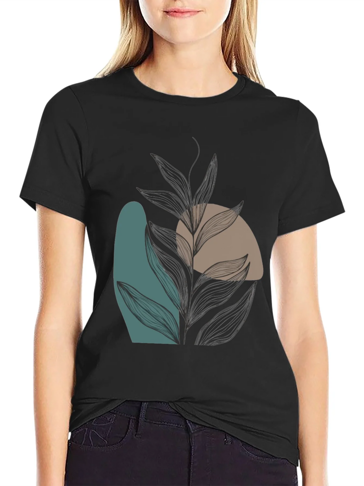 Modern Abstract Leaf Print Black T-Shirt product image 2