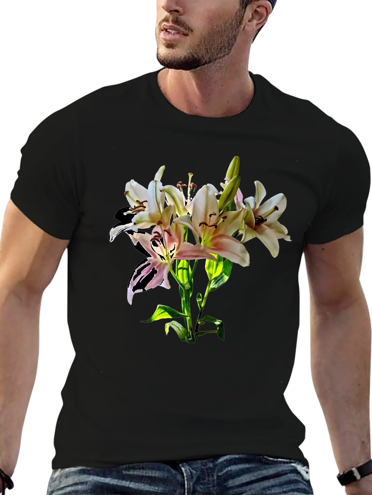 Lily Flower Graphic Print Black T-Shirt product image 5