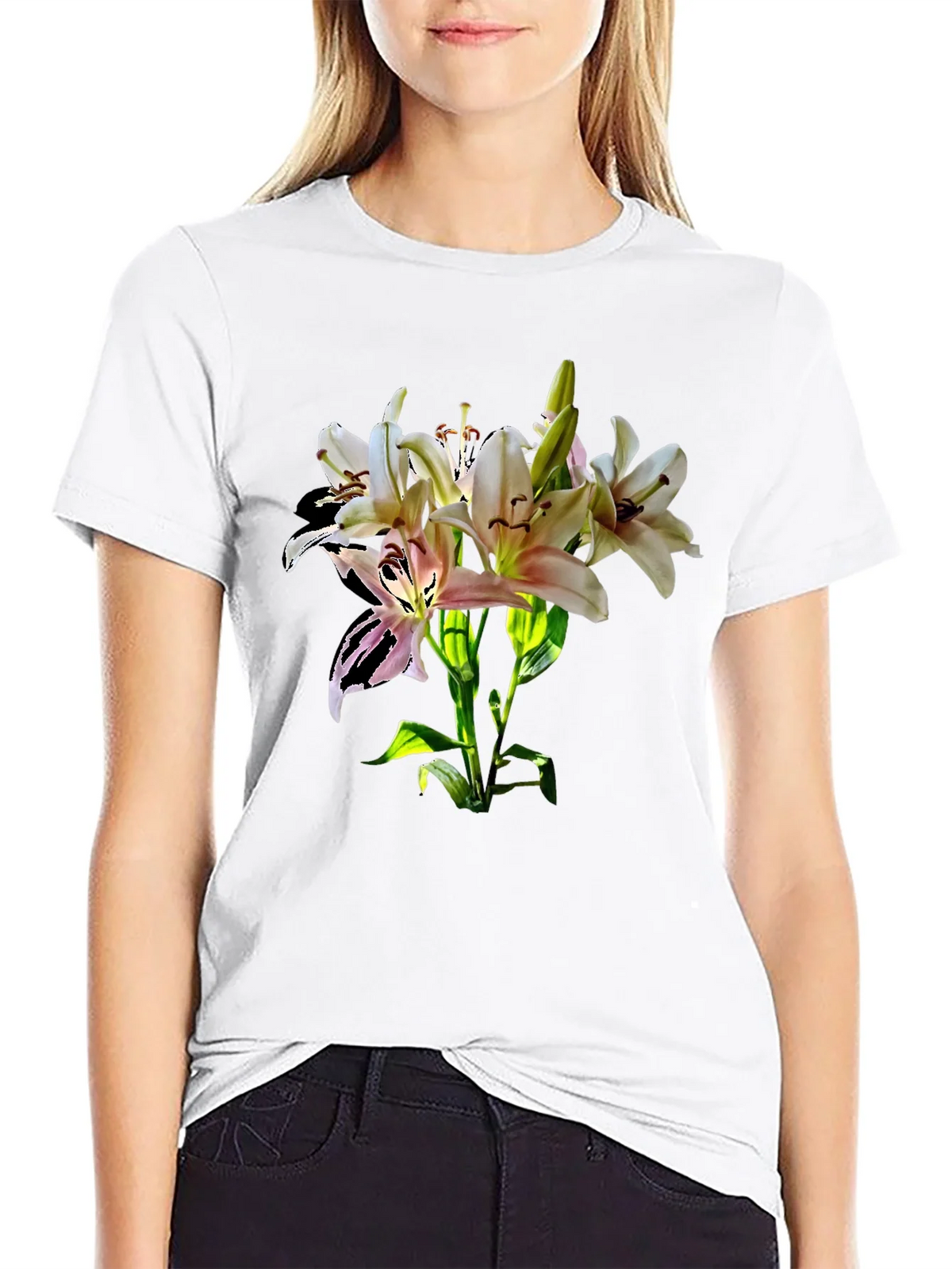 Lily Flower Graphic Print Black T-Shirt product image 7