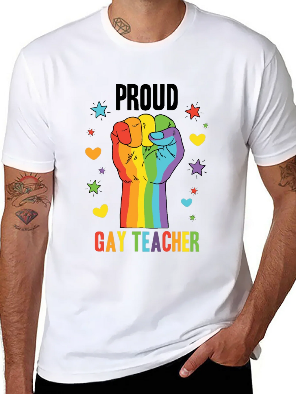 Proud Gay Teacher Rainbow Fist T-Shirt product image 7