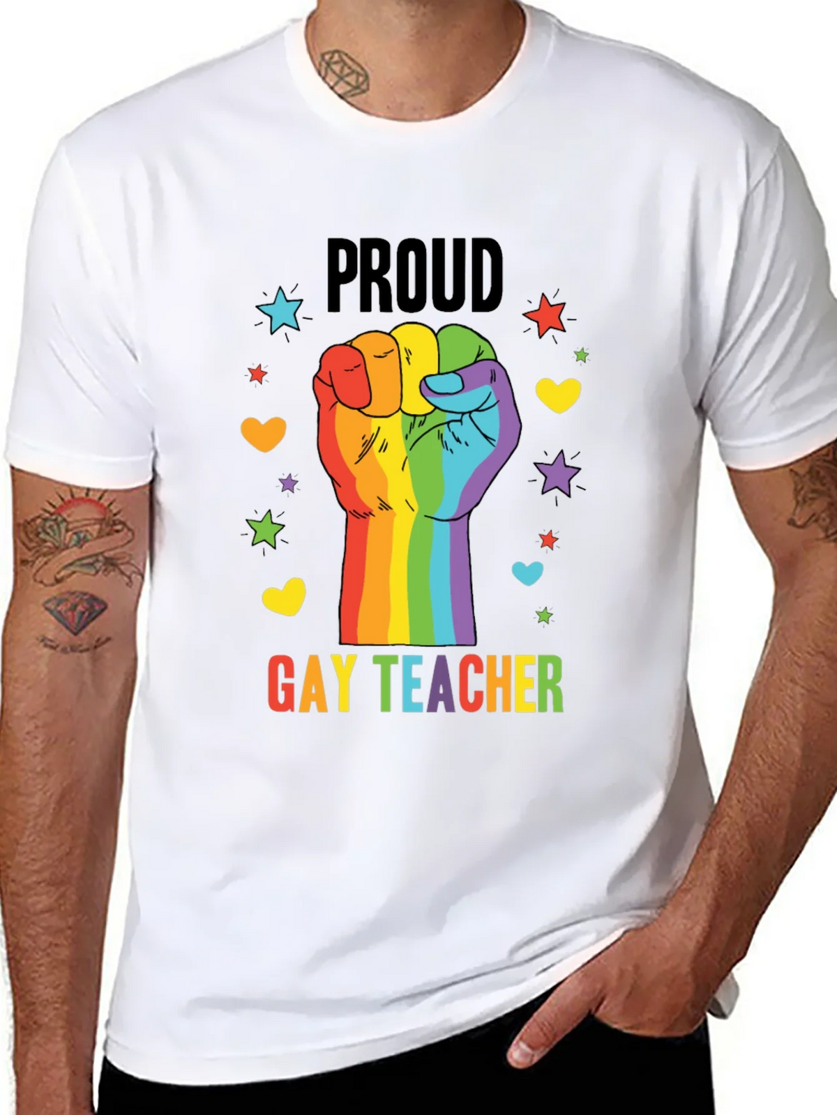 Proud Gay Teacher Rainbow Fist T-Shirt product image 7