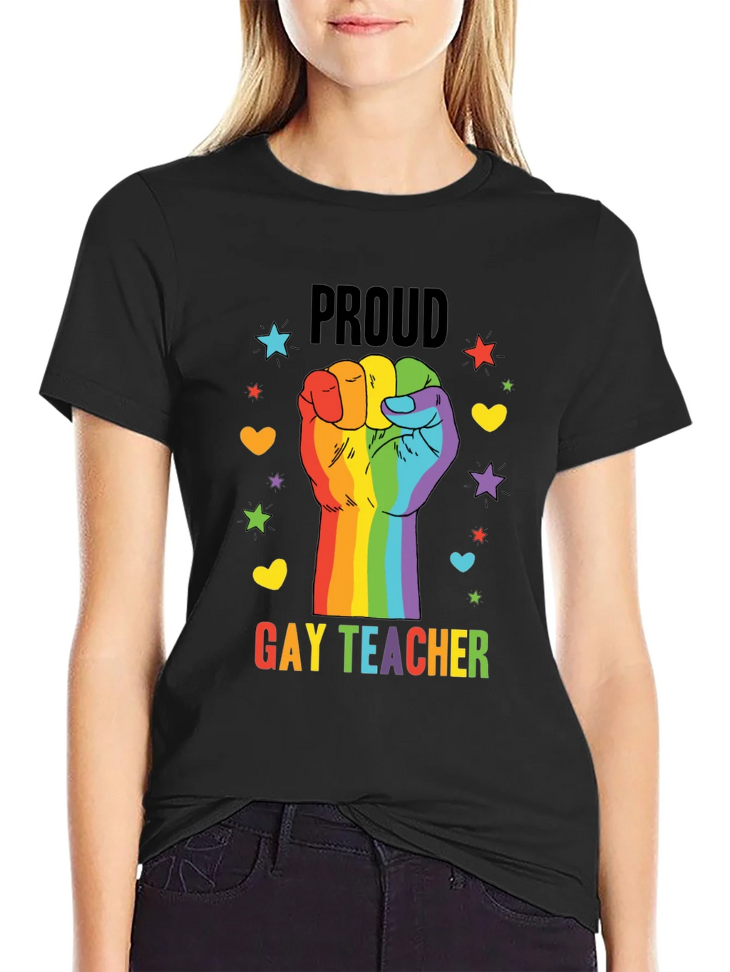 Proud Gay Teacher Rainbow Fist T-Shirt product image 2