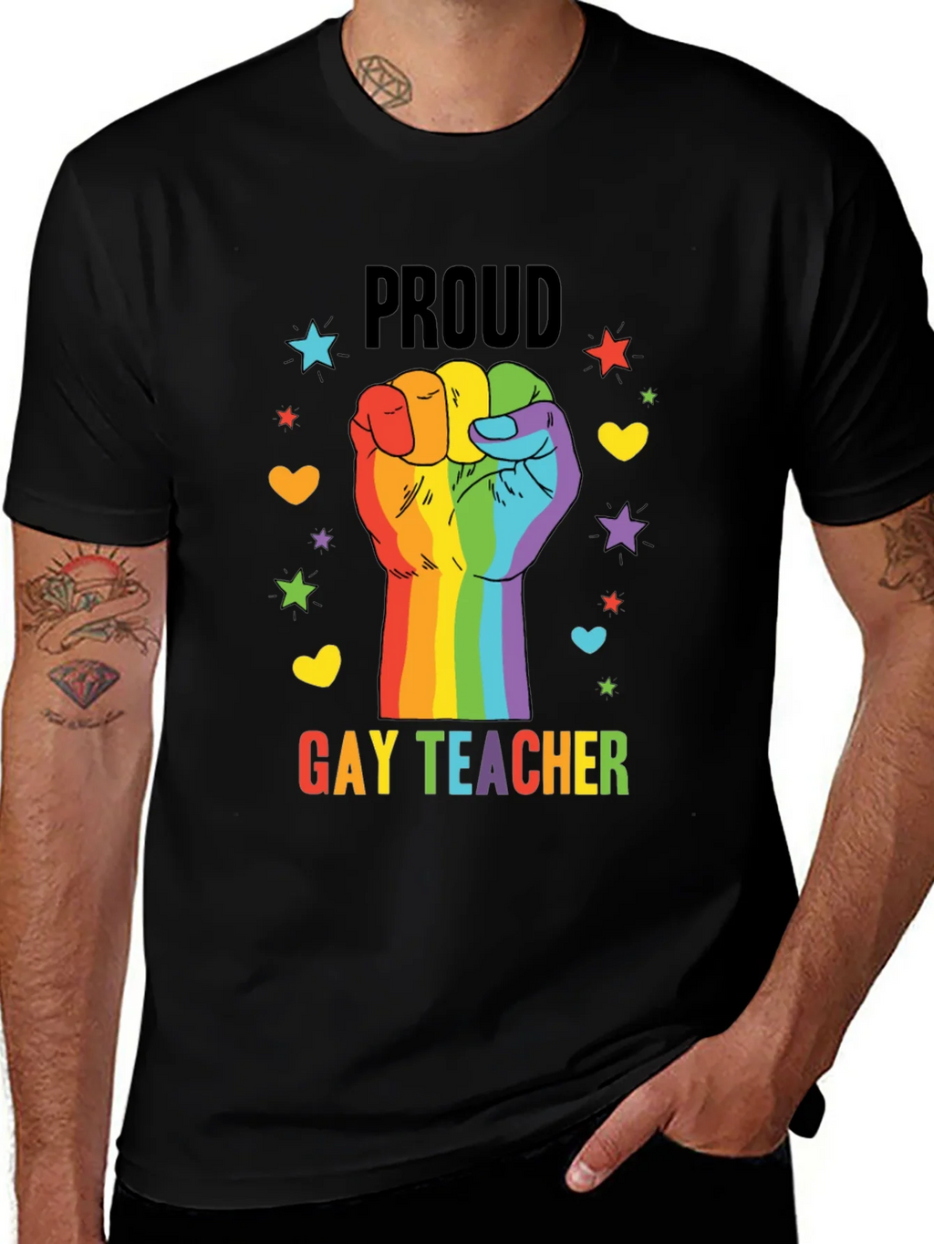 Proud Gay Teacher Rainbow Fist T-Shirt product image 1