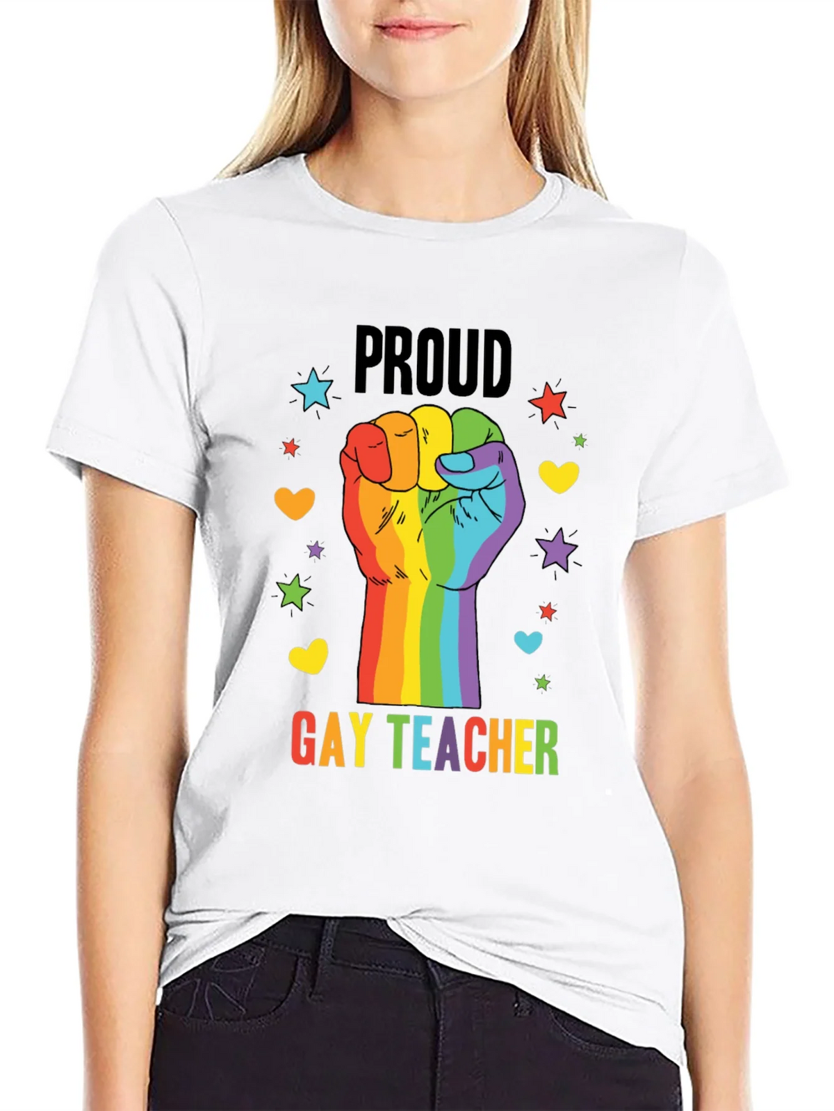 Proud Gay Teacher Rainbow Fist T-Shirt product image 8