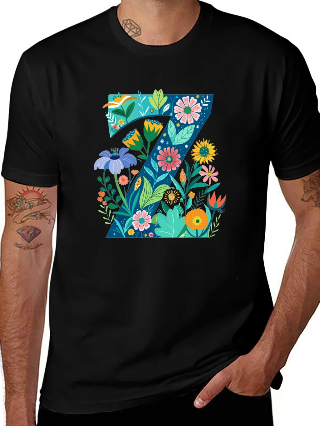 Floral Letter Z Black T-Shirt - Nature Inspired Design product image 1