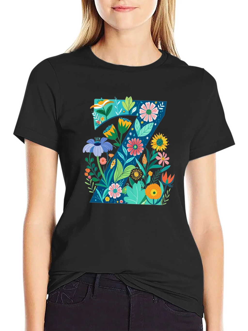 Floral Letter Z Black T-Shirt - Nature Inspired Design product image 2
