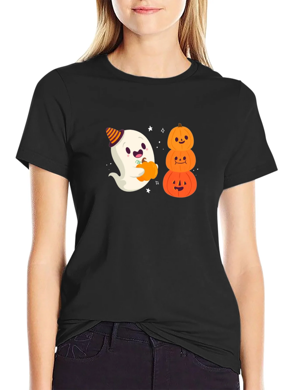 Halloween Ghost & Pumpkins Black T-Shirt product image 2