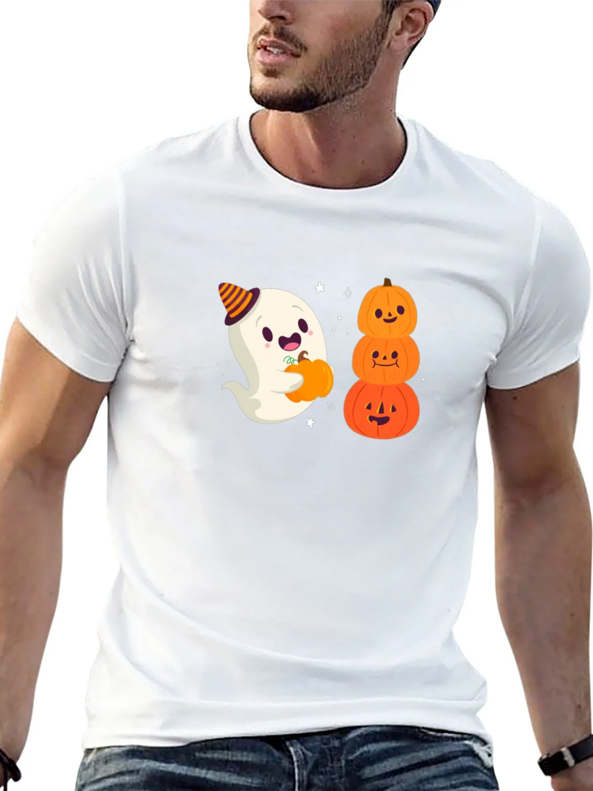 Halloween Ghost & Pumpkins Black T-Shirt product image 12
