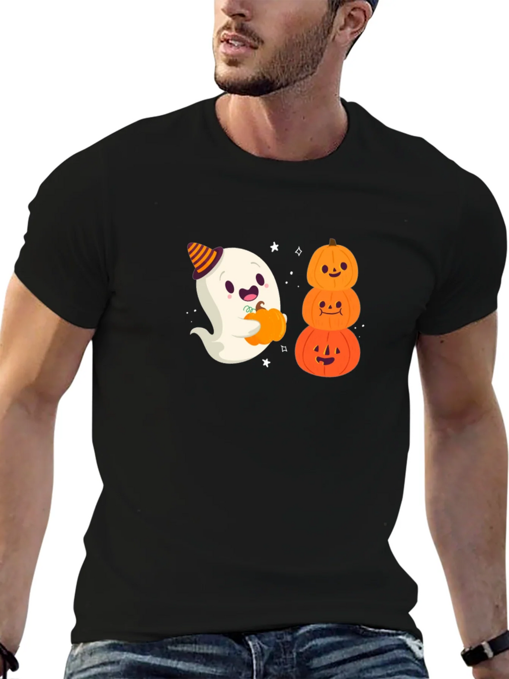 Halloween Ghost & Pumpkins Black T-Shirt product image 6