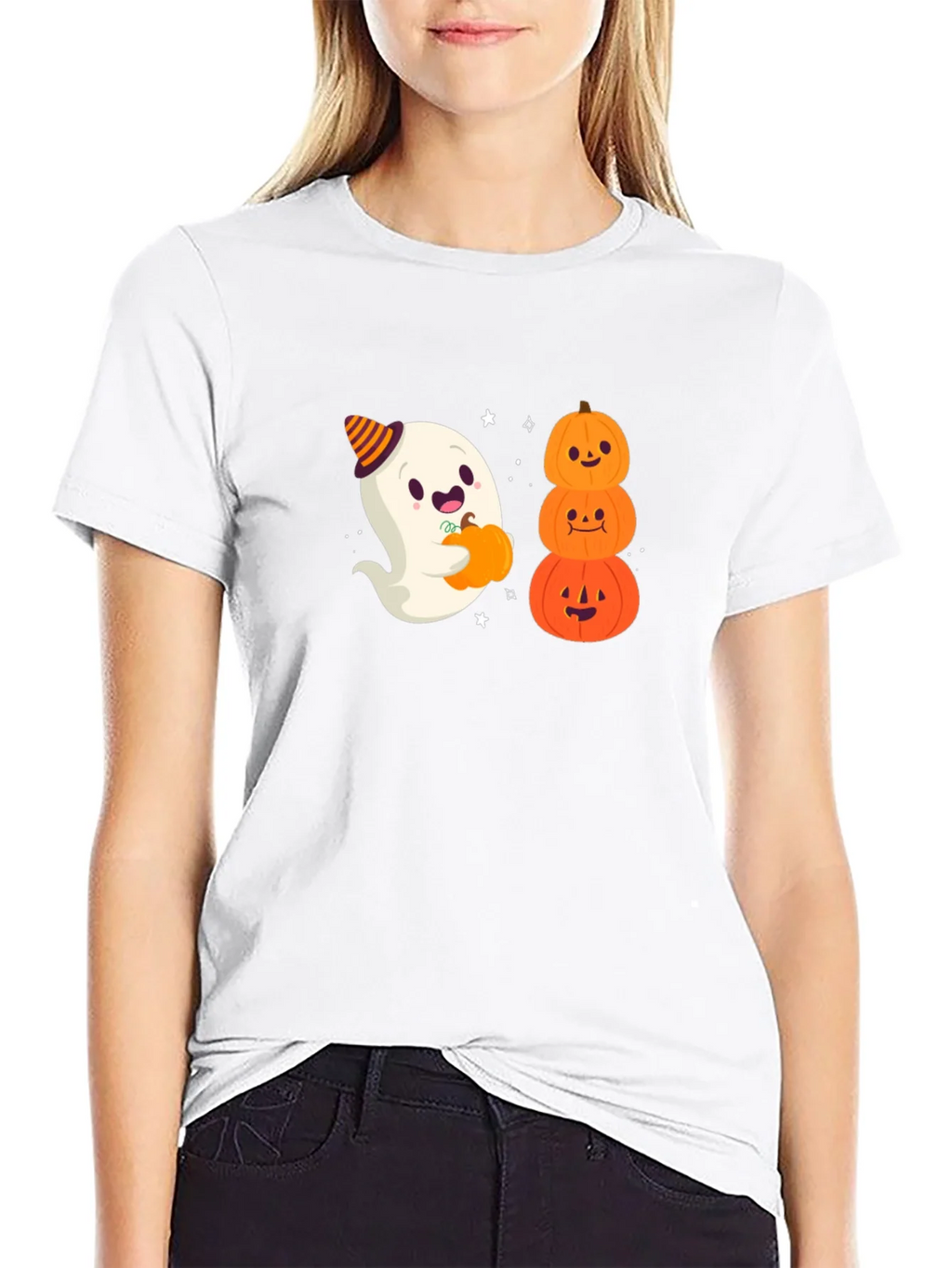 Halloween Ghost & Pumpkins Black T-Shirt product image 8