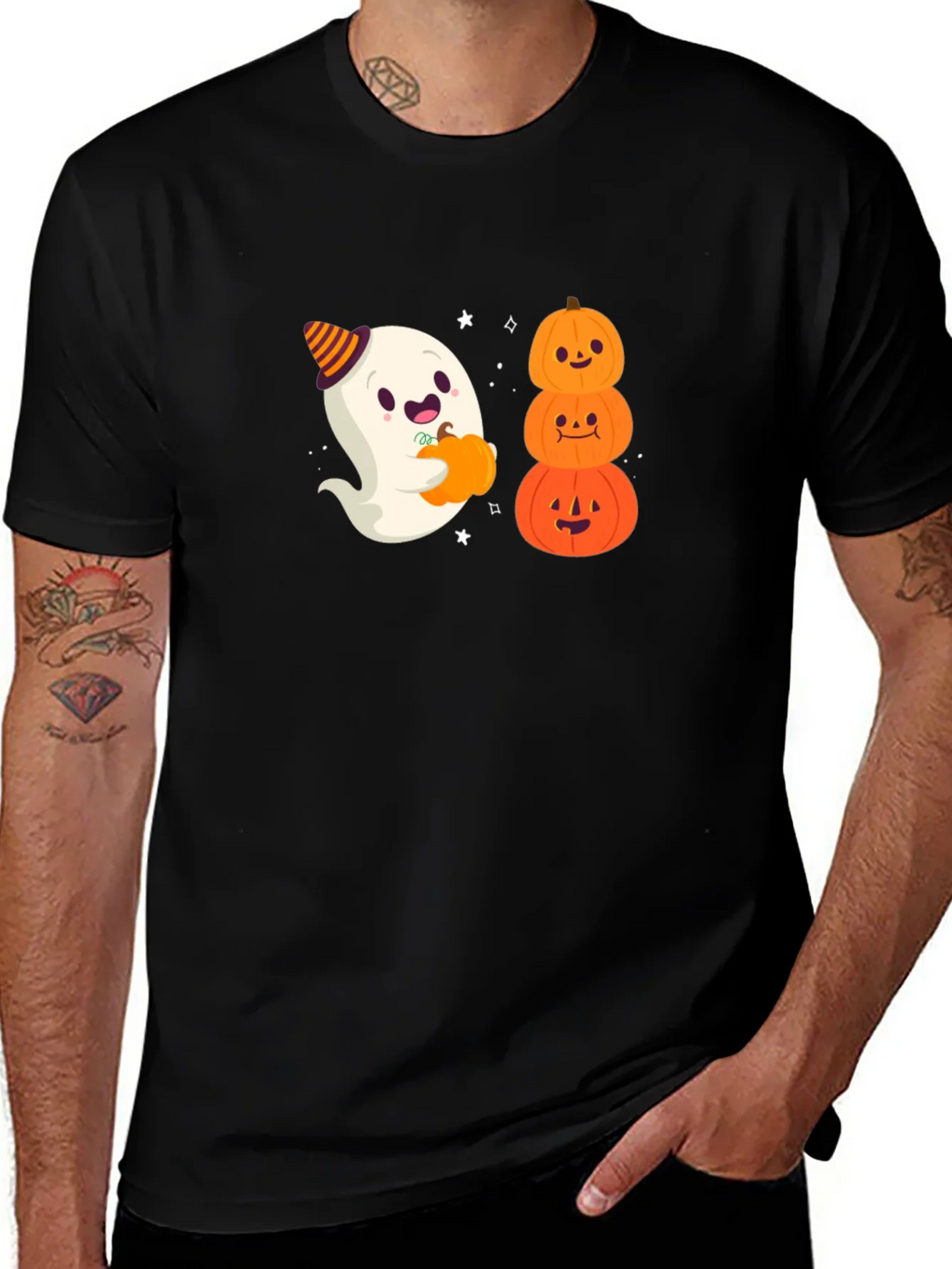Halloween Ghost & Pumpkins Black T-Shirt product image 1