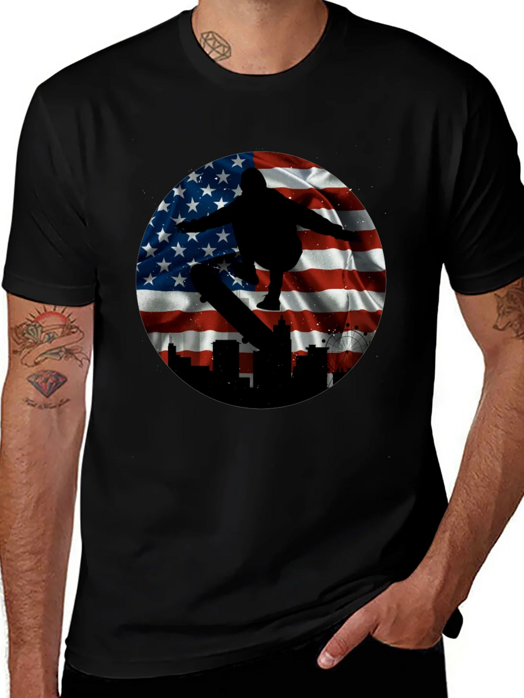 Patriotic Skater T-Shirt - American Flag Design product image 1