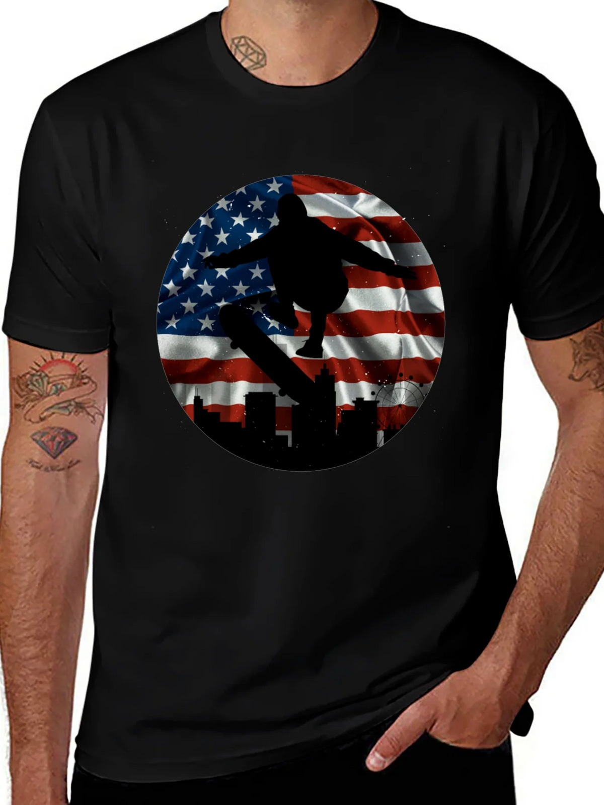 Patriotic Skater T-Shirt - American Flag Design product image 1