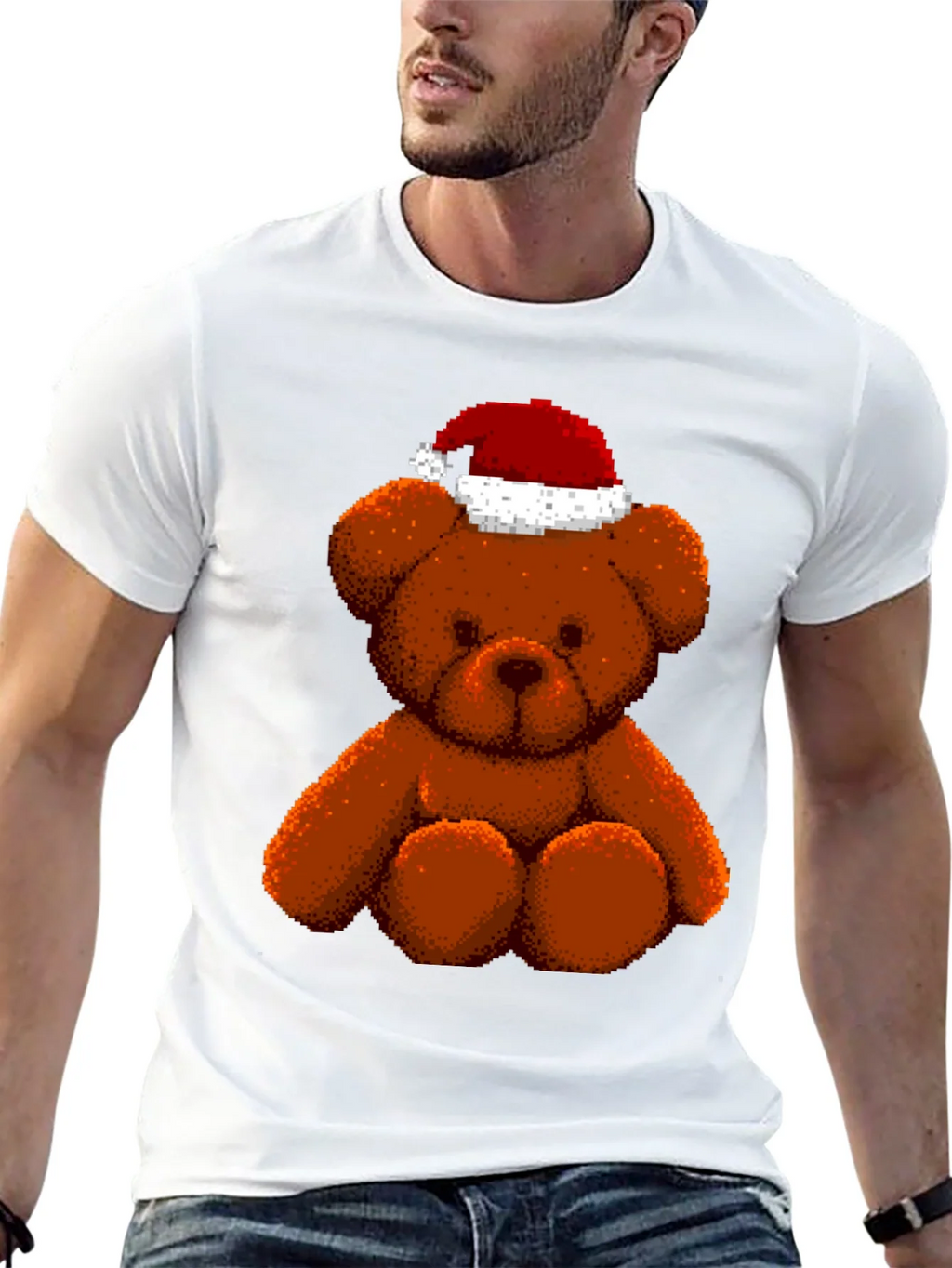 Pixelated Teddy Bear in Santa Hat Graphic Tee