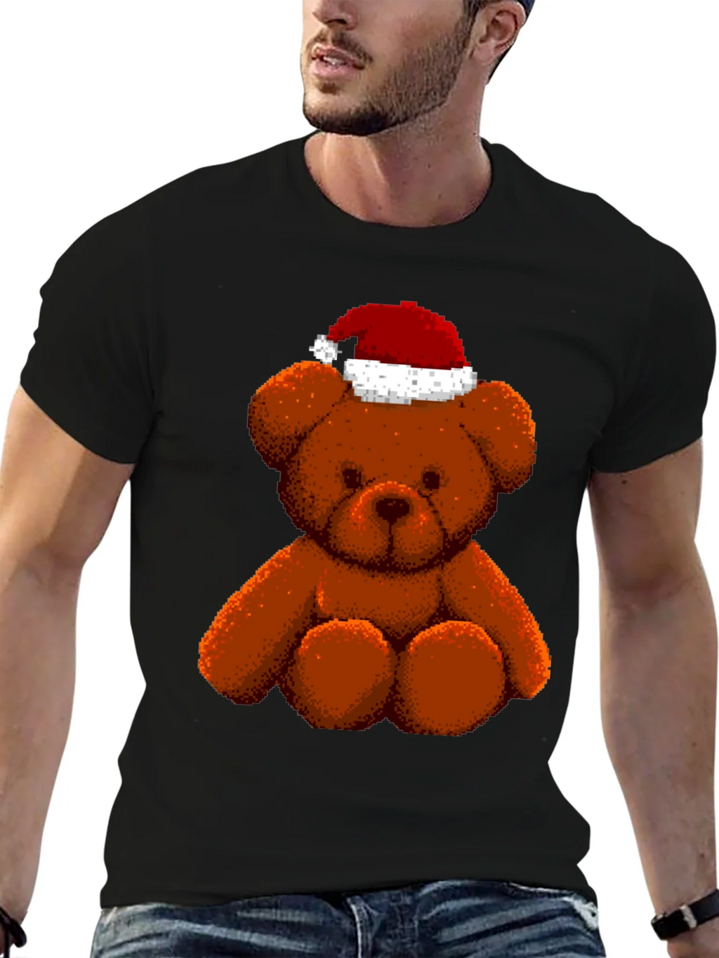 Pixelated Teddy Bear in Santa Hat Graphic Tee