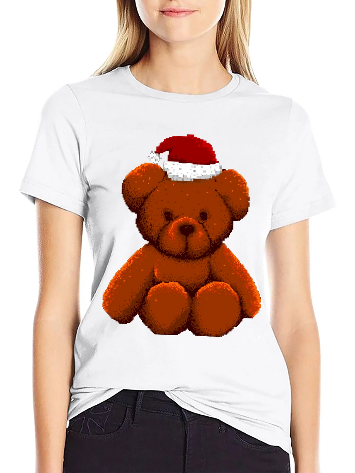 Pixelated Teddy Bear in Santa Hat Graphic Tee