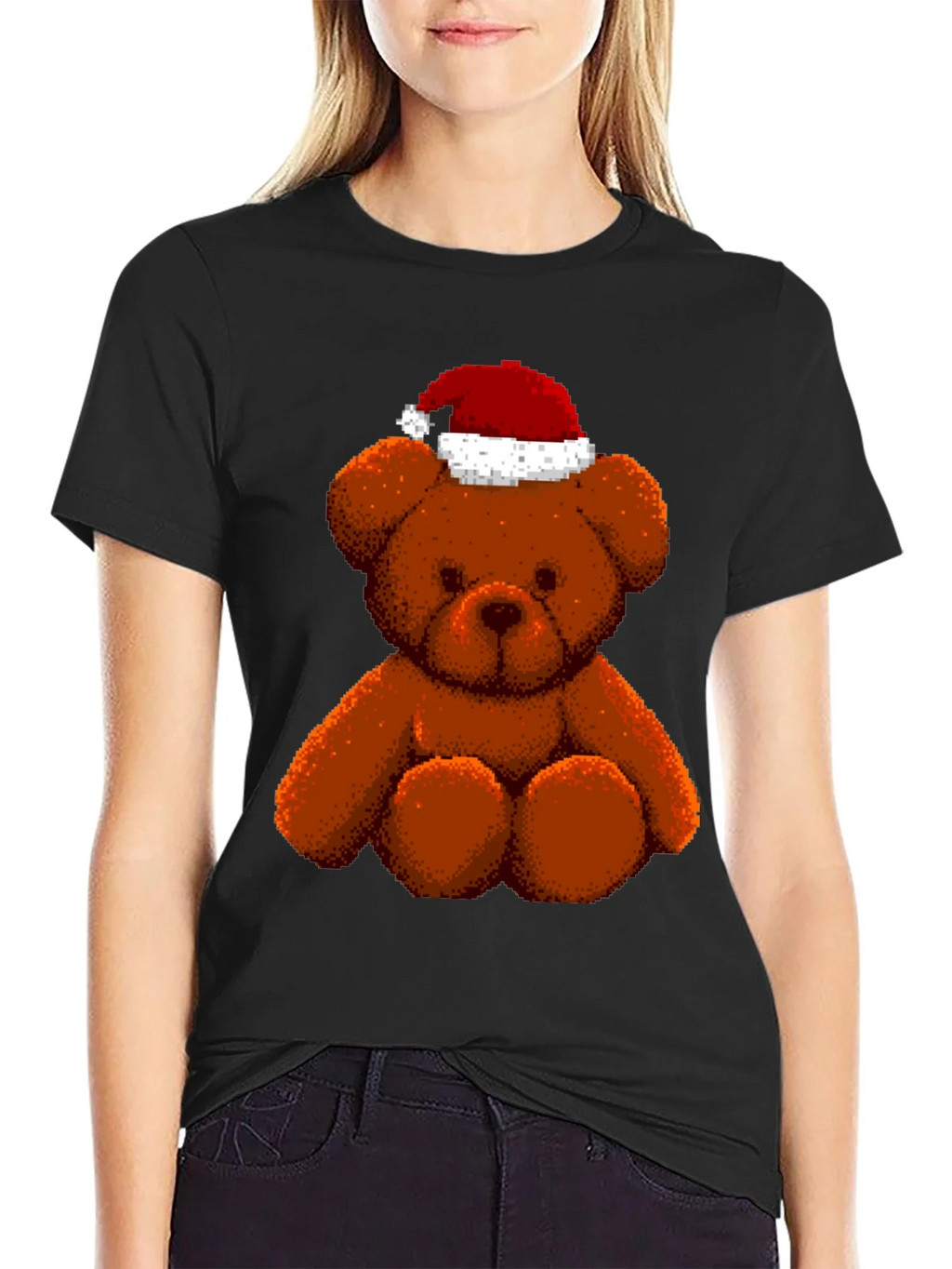 Pixelated Teddy Bear in Santa Hat Graphic Tee